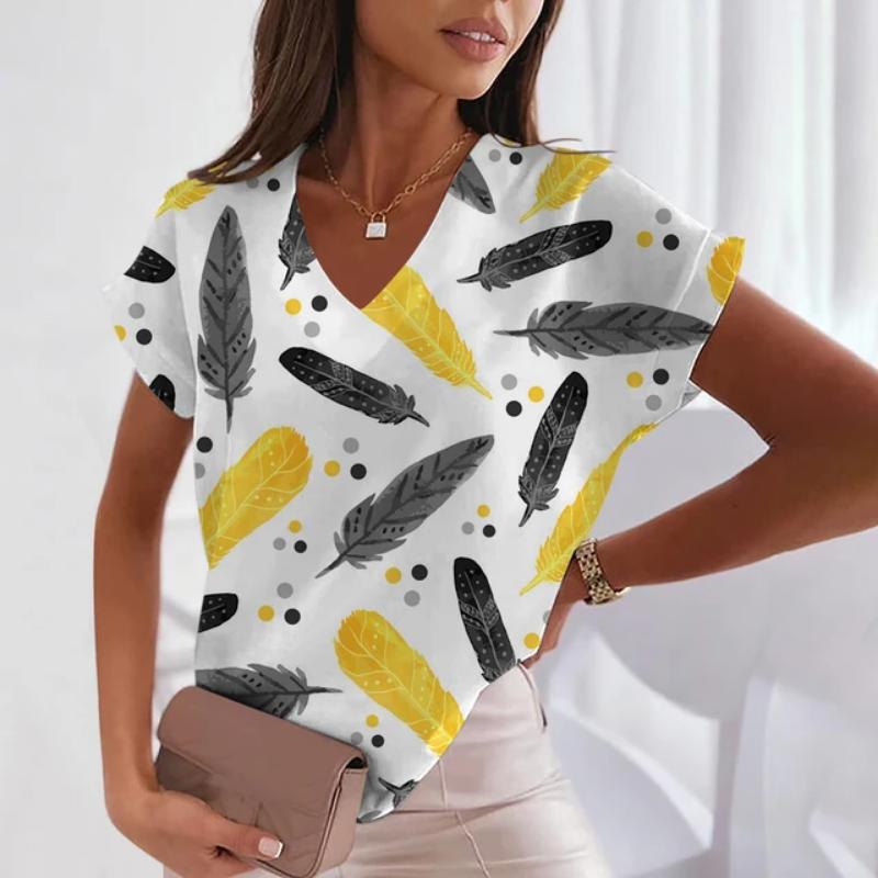 Summer Short Sleeve T-Shirt Feather Pattern 3D Women's Tops V Neck Women's Plus Size Women's Fashion Y2k Street Trend Clothing