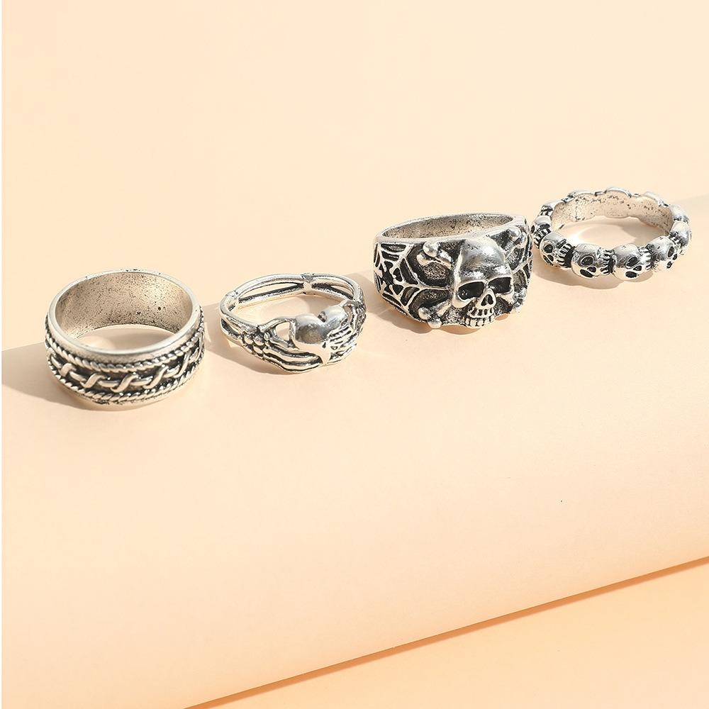 4PCS Gothic Trendy Jewelry Silver Color Skull Finger Rings for Women Punk Heart Butterfly Boho Ring
