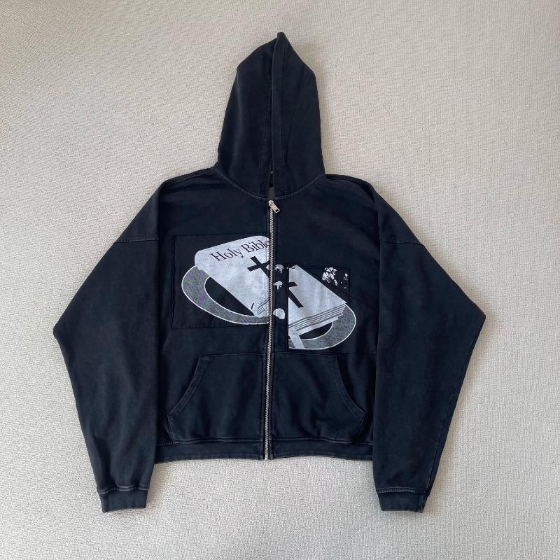 Front Pocket Distressed Hole Zipper Hooded Hoodies Mens Cardigan Streetwear Loose Baggy Sweatshirt Coat