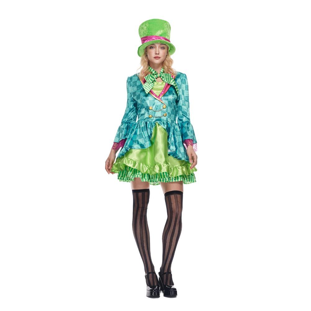 Women Alice In Wonderland Mad Hatter Halloween Costume Adult Medieval Mad Tea Party Cosplay with Bowtie Top Hat