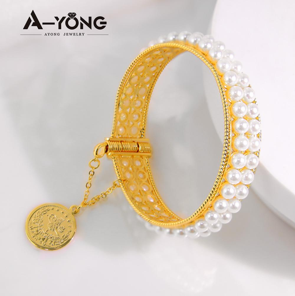 Dubai Luxury Elegant Pearls Bracelet 21k Gold Plated Multi Layer Fashion Cuff Bangles Saudi Women Wedding Party Jewelry Dia.58-60mm
