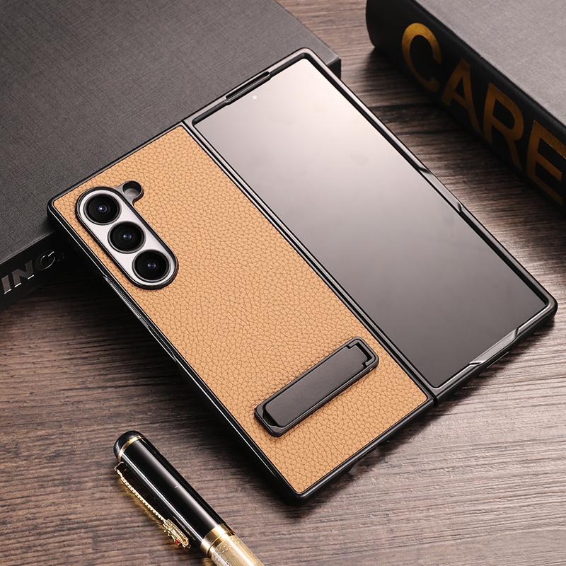 For Samsung Galaxy Z Fold 6 Case Luxury Lichee Pattern PU Leather Metal Back Kickstand Protective Folding Cover for Z Fold 6