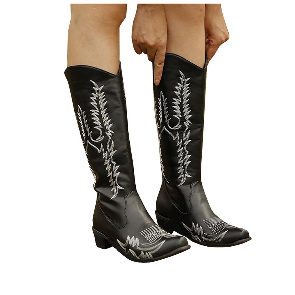 Női divat nagy alkalmi csizma Hosszú cső négyszögletes sarkú hímzett csizma