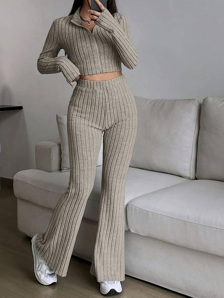 Fashion Solid Stitch Two-Piece Set with Zipper Long Sleeve Crop Top and High Waist Wide Leg Pants Women Casual Outfit