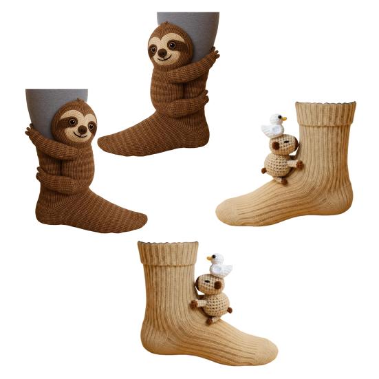 2 Pairs 3D Knit Animal Socks Hand Crocheted Animal Doll Socks Sloth Cute Warm Winter Socks for Men Women Animal Lovers Gifts