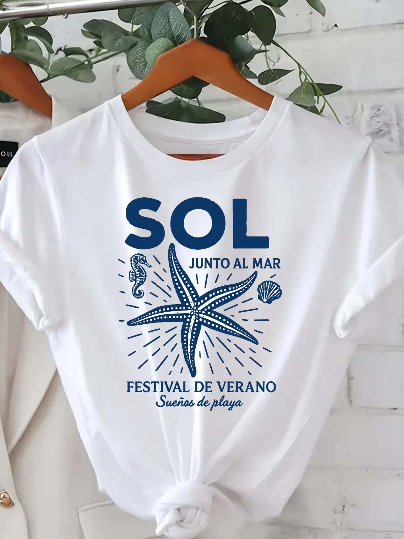 

2025 WomenS SOL JUNTO AL MAR Graphic TShirt Blue Starfish Sea Creature Print Casual Crew Neck Sleeve Aesthetic Clothes S