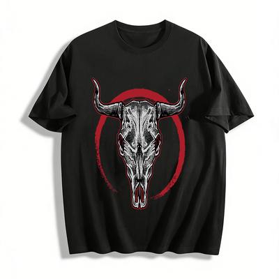 Vintage Western Style Bull Skull Print Casual Short Sleeve T-Shirt Pure Cotton T-shirt