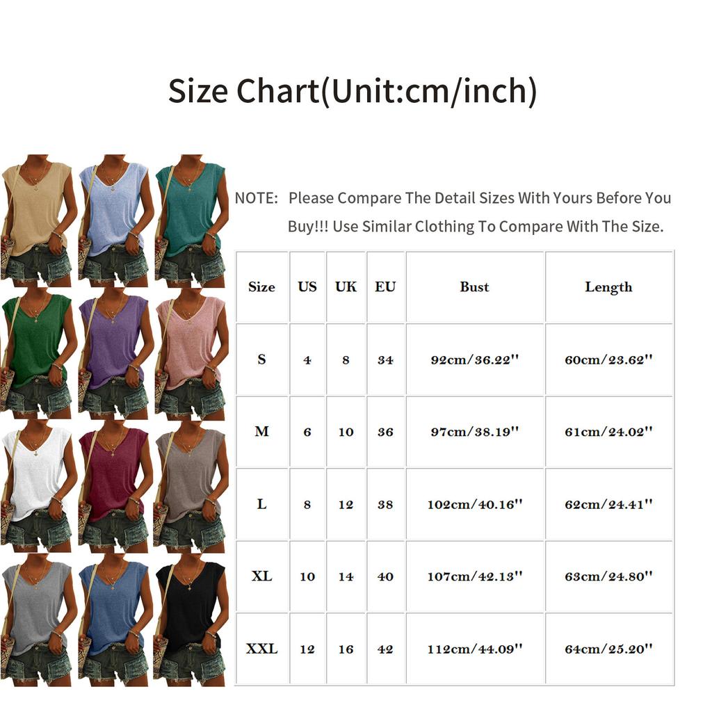 Women's V-Neck T-Shirt Casual Cap Sleeve Vest Solid Loose Blouse Fit Tank Tops