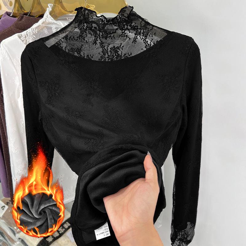 

Stylish Slim-Fit Lace Splice Fleece-Lined Top 4XL (130-140 jin) чёрный