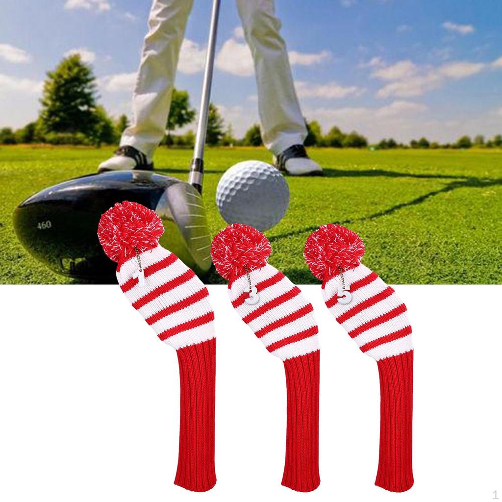 3Pieces Golf Wood Headcover Durable Knitting Anti-slip Long Neck Guard