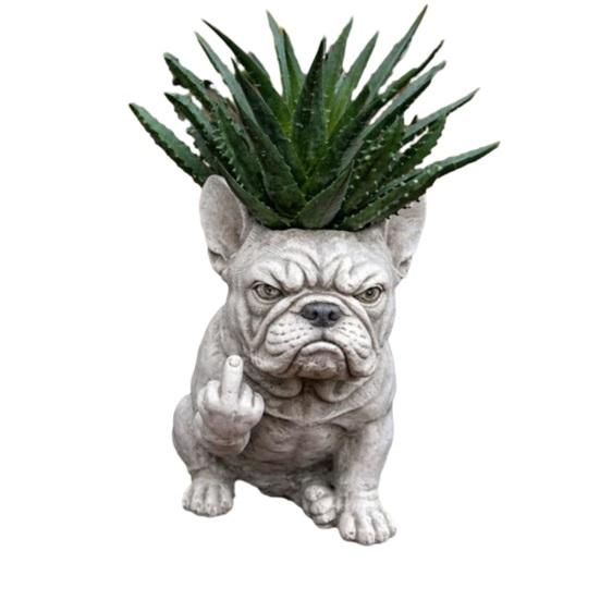 Lustiger Bulldogge Blumentopf Neuheit Mittelfinger Hund Blumenkübel Niedliche Hundegartenstatue für Außen Innen Garten Büro Schreibtisch Dekoration