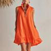 Damen ärmellos Halb-Reißverschluss Stehkragen Leinen Mini-Kleid Lockerer Schnitt Seitentaschen Rüsche Unregelmäßiger Saum Lässig Sommer Strand Urlaub Kurzes Kleid