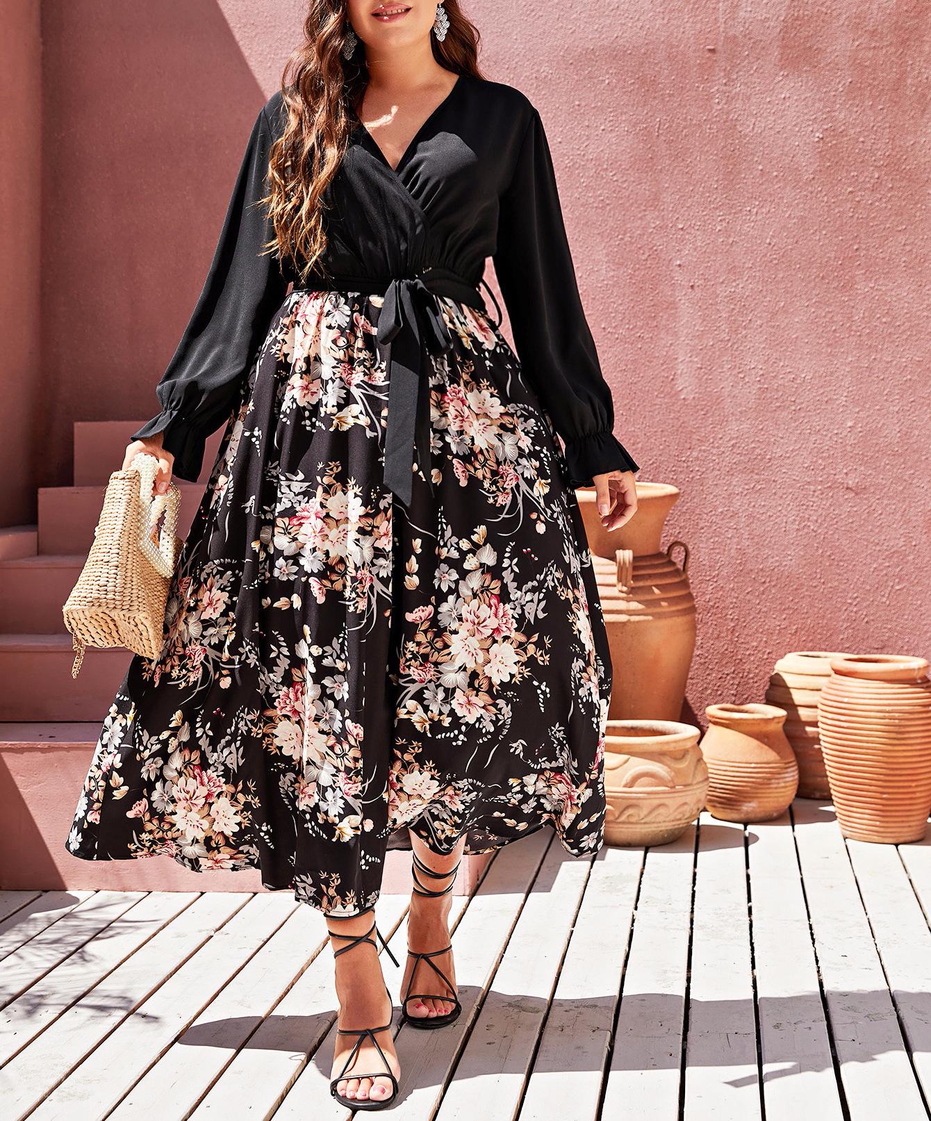Women s Plus Size V-Neck Floral Patchwork Dress - Long Sleeve & Age-Reducing 4XL чёрный