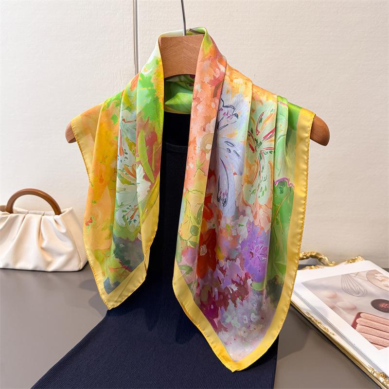 Pastoral Floral Print Square Scarf Imitation Silk Shawl Sun Protection High-end Neck Tie Small Square Scarf Headscarf Women's