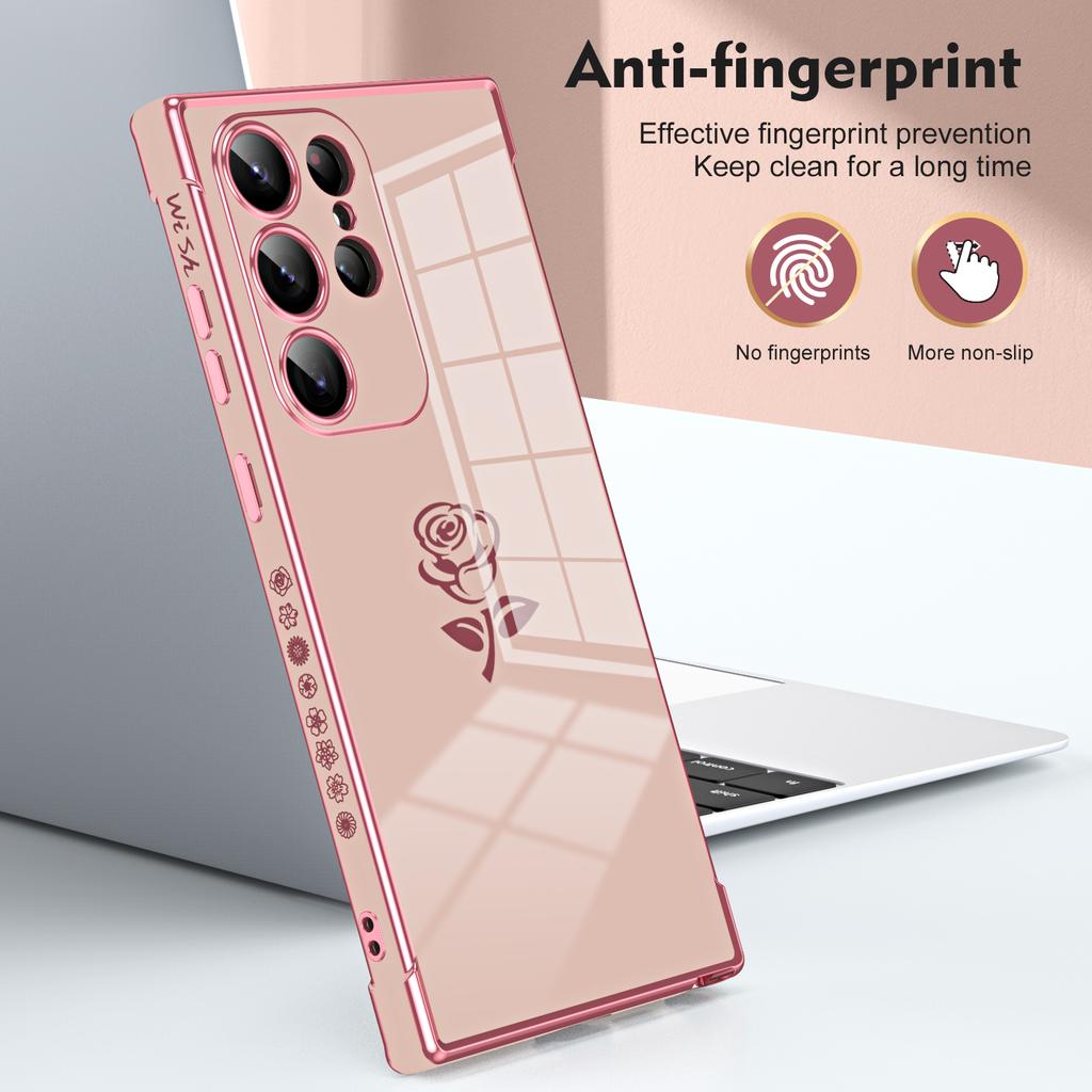 For Samsung Galaxy S25 Ultra Case Electroplating Edge Rose Pattern TPU Phone Back Cover Airbag Drop Proof