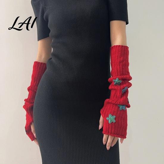 Dunkle Gothic Mode Handschuhe Sternenstrick Armstulpen Fingerlos für Damen Mädchen Lolita Alltag Ärmel Stil Gestreift Häkeln Cosplay Kostüm