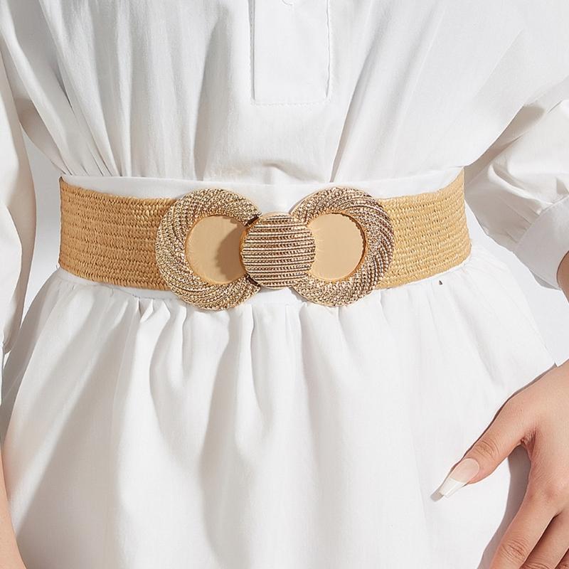 Straw Weaving Women Waist Belt with Gold Buckle Bohemian Hand Weaving Belt