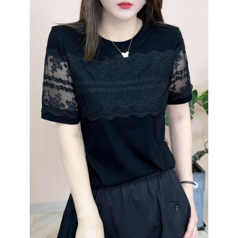 Short Sleeved T-shirt Versatile Slimming Round Neck New Lace Solid Color Splicing Summer Fashion Top