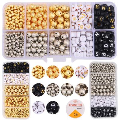 580-700 pièces/boîte 4/6/8mm Kit de perles de bijoux à bricoler soi-même or Rhodium CCB perles rondes Alphabet lettre perles avec élastique pour Bracelet fabrication de bijoux à bricoler soi-même