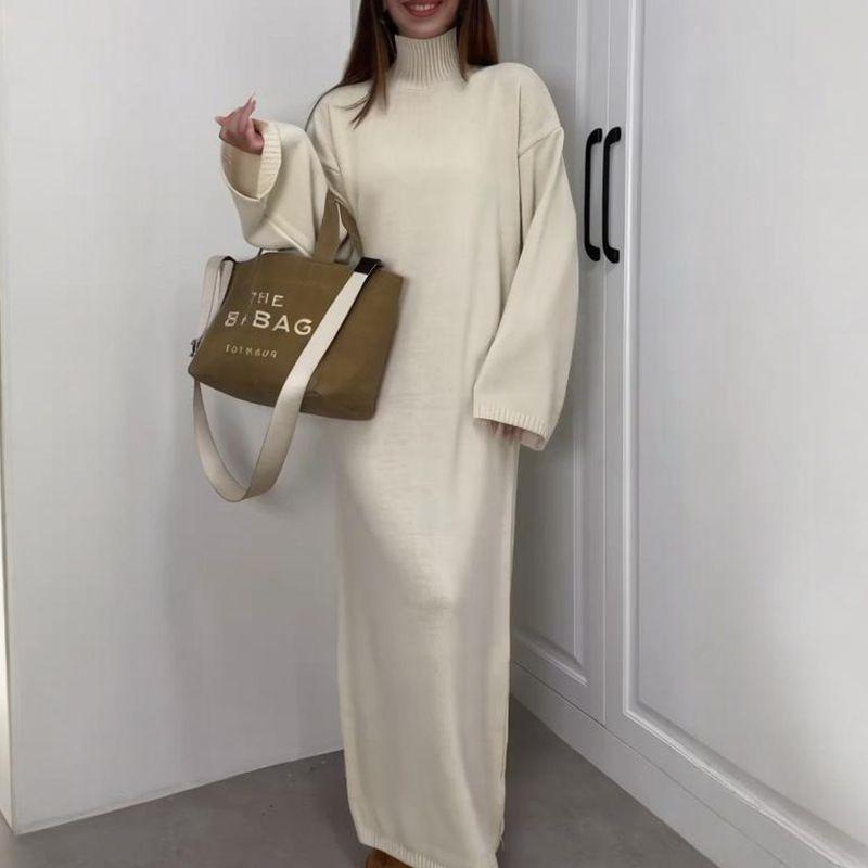 

In Stock 2024 Autumn New Cross-Border European and American Foreign Trade Women clothes Knitted Turtleneck sweater Temperament Fashion Dress Women Milky White XXL