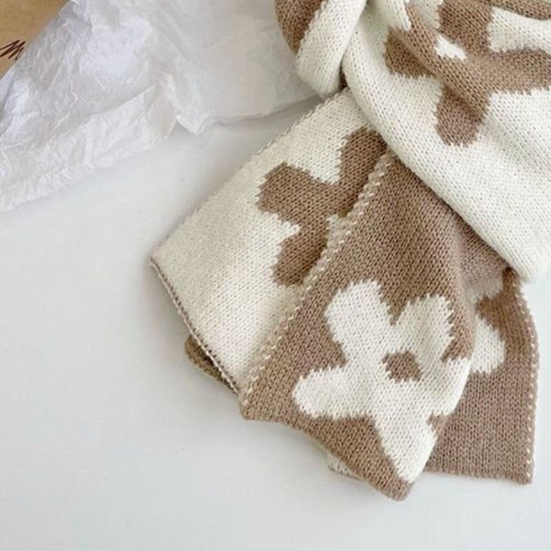 Autumn Winter Floral Pattern Imitation Cashmere Scarf for Women Korean-Style Knit Scarf Japanese-Style Warm Thickened Neck Warmer