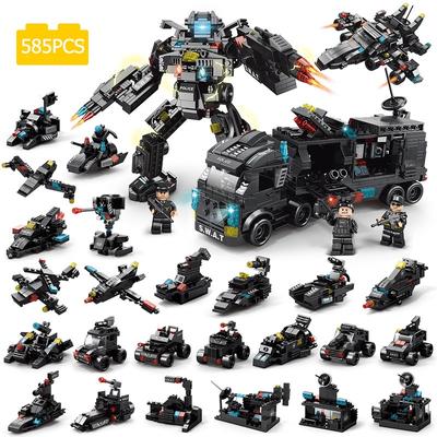 585 Uds. Swat de la policía de la ciudad transformando bloques de construcción militares camión helicóptero modelo de buque de guerra niños Diy ladrillos juguete niño regalos