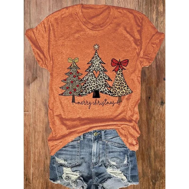 Letní dámská trička s krátkým rukávem, módní, ležérní, s 3D potiskem vánočního stromku a kulatým výstřihem