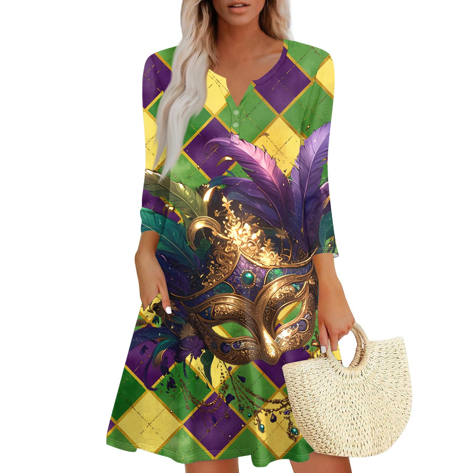 Women s Dress Loose V Neck Three-quarter Sleeve With Pockets Dress L