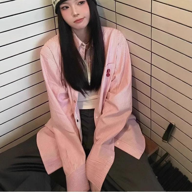 Women's Spring/Summer Pink Striped Shirt with Japanese Sweet Rabbit Embroidery - New Lazy Style Design