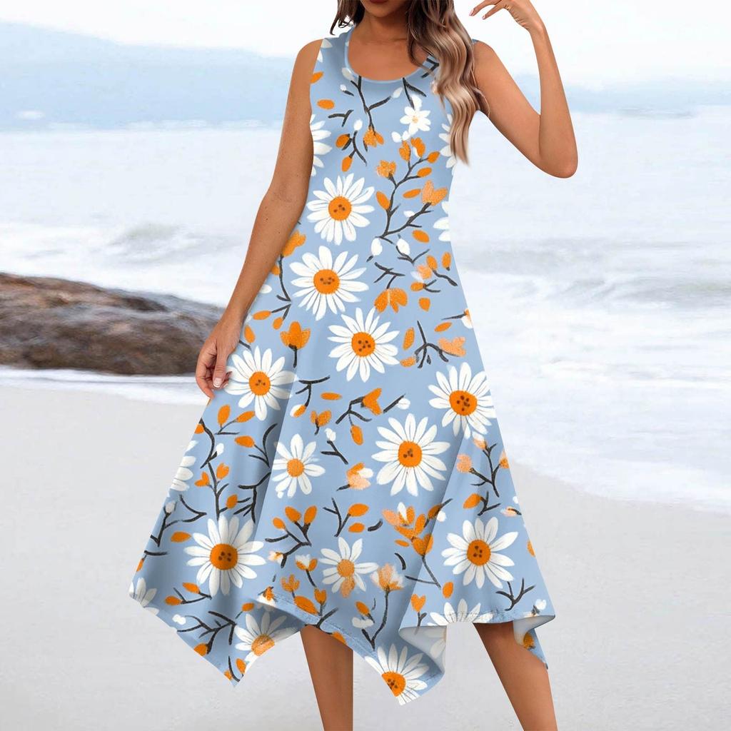 Women's Summer Fashion Round Neck Sleeveless Floral Print Irregular Hem Midi Dresses