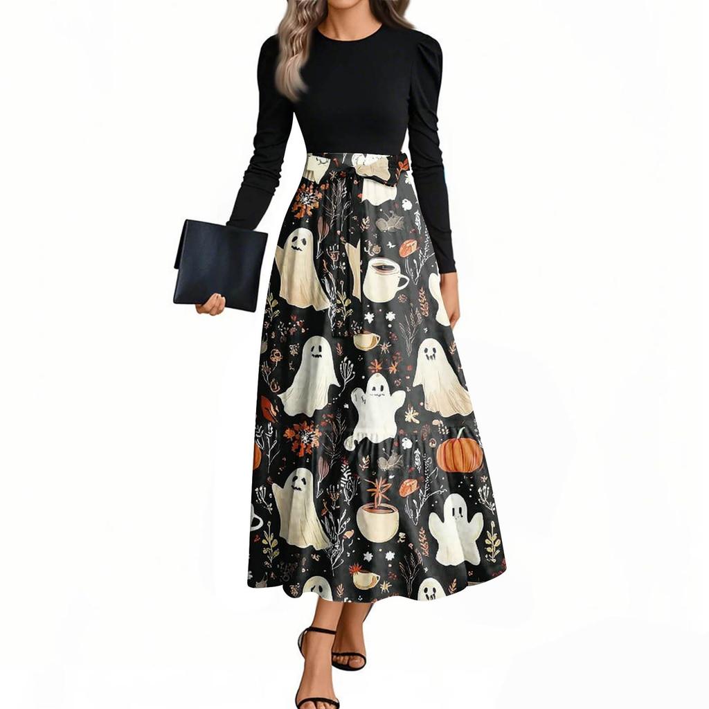 Women's Fashion Casual Belted Long Sleeve Round Neck Halloween Printed Elegant Temperament Dresses