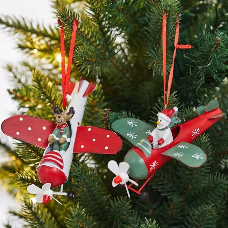 Wrought Iron Airplane Christmas Ornaments Santa Snowman Reindeer Pilot Hanging Decor Vintage Style Xmas Tree Decoration