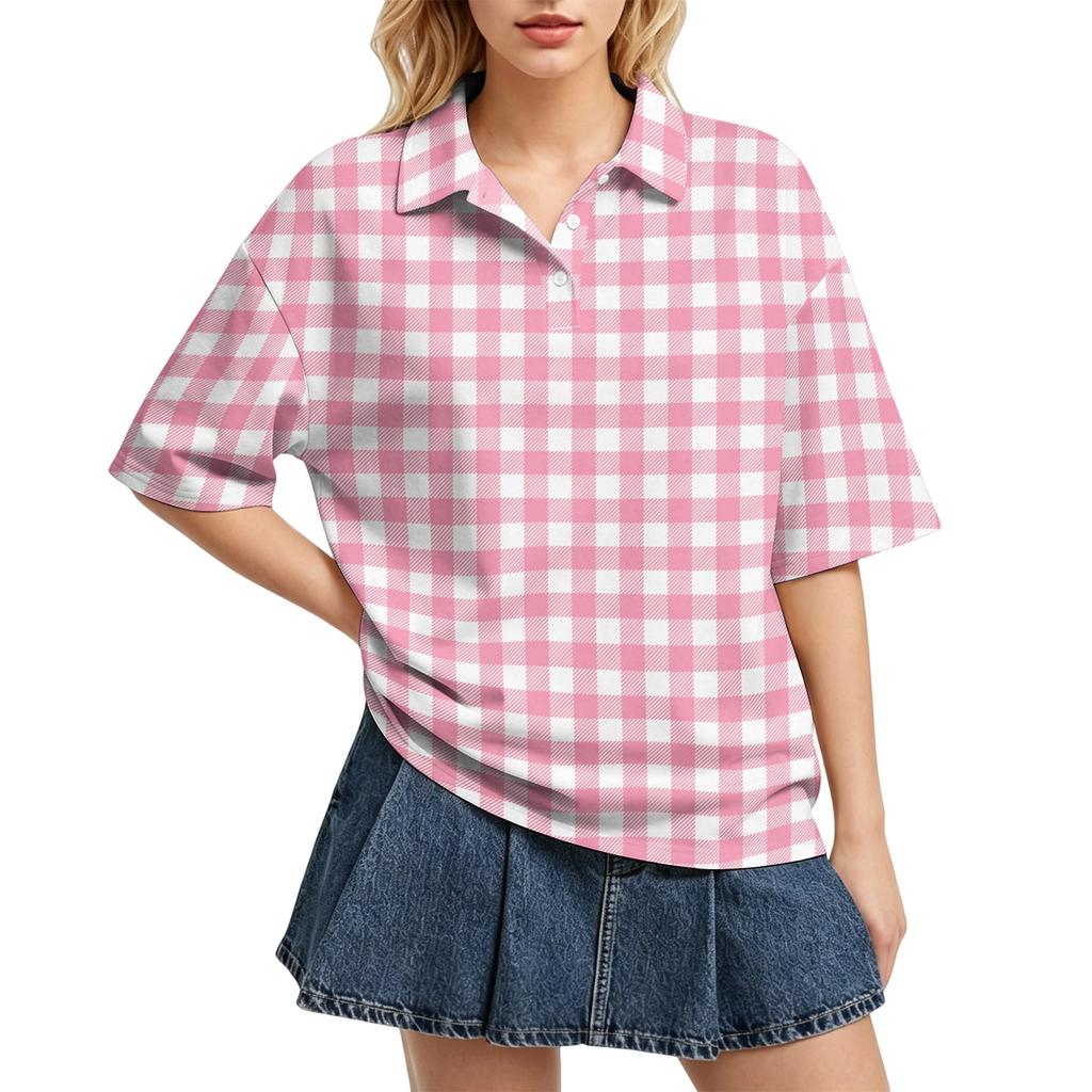Women Casual Polo Shirt Loose Fit Short Sleeve Button Down Collar Checkered Pattern Lightweight Top for Daily Wear