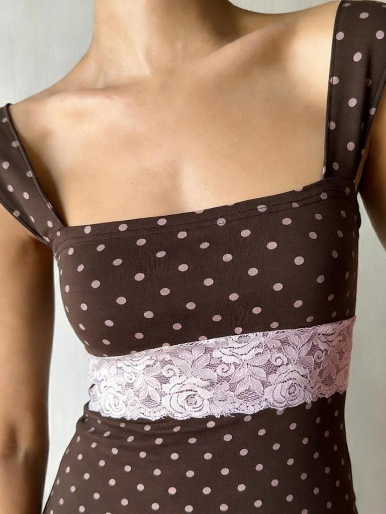 Y2K Sweet Retro Polka Dot Lace A-line Hem Camisole for Girls