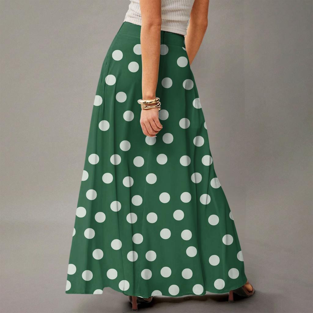 Damska Casualowa Składana Spódnica Maxi z Wysokim Stanem w Kropki z Kieszenią, Draperowana, Luźna