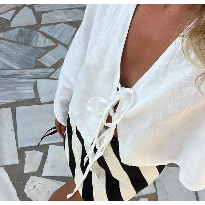 Damplinnebomull Djup V-ringning Knyt framtill Blus Långärmad Casual Skjorta Vår Sommar