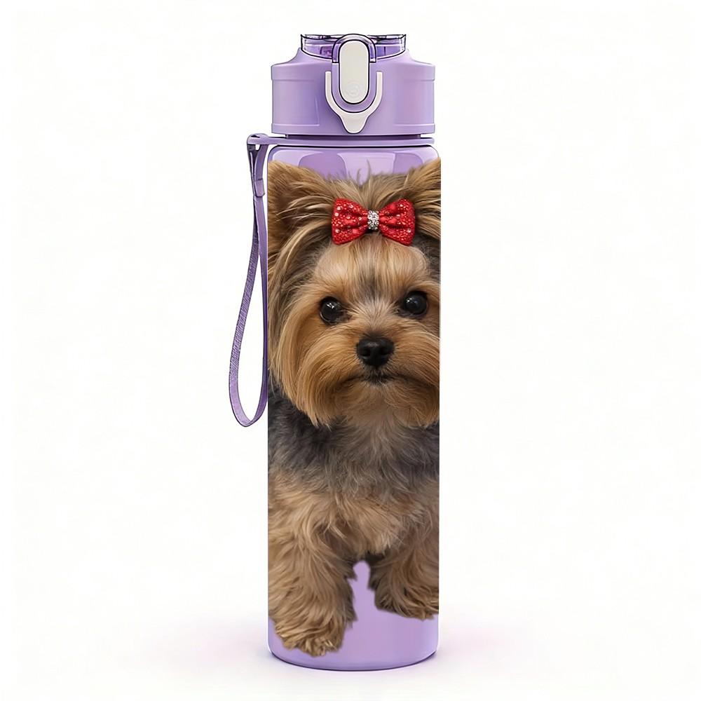 1PC Yorkie Puppy With Red Hair Bow 750ml Color Plastic Sports Water Bottle Leakproof Flip Straw Lid Suitable for Sports Office Home Use