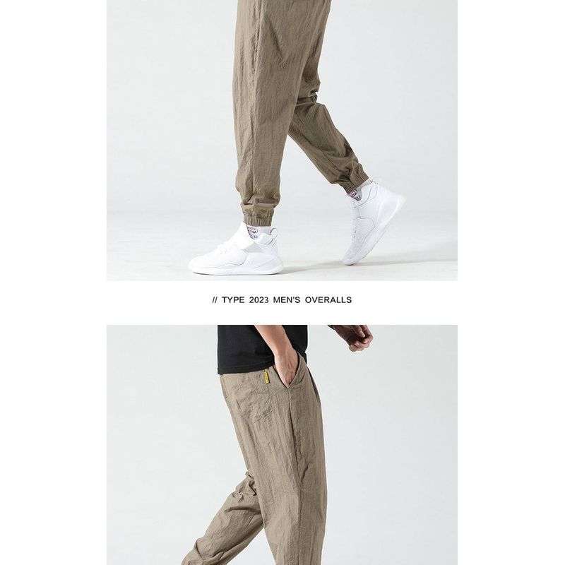 Clearance Summer Thin Ice Silk Japanese Style Cropped Pants for Men Trendy Casual Loose Jogger Quick-Dry Sports Pants Khaki 4XL