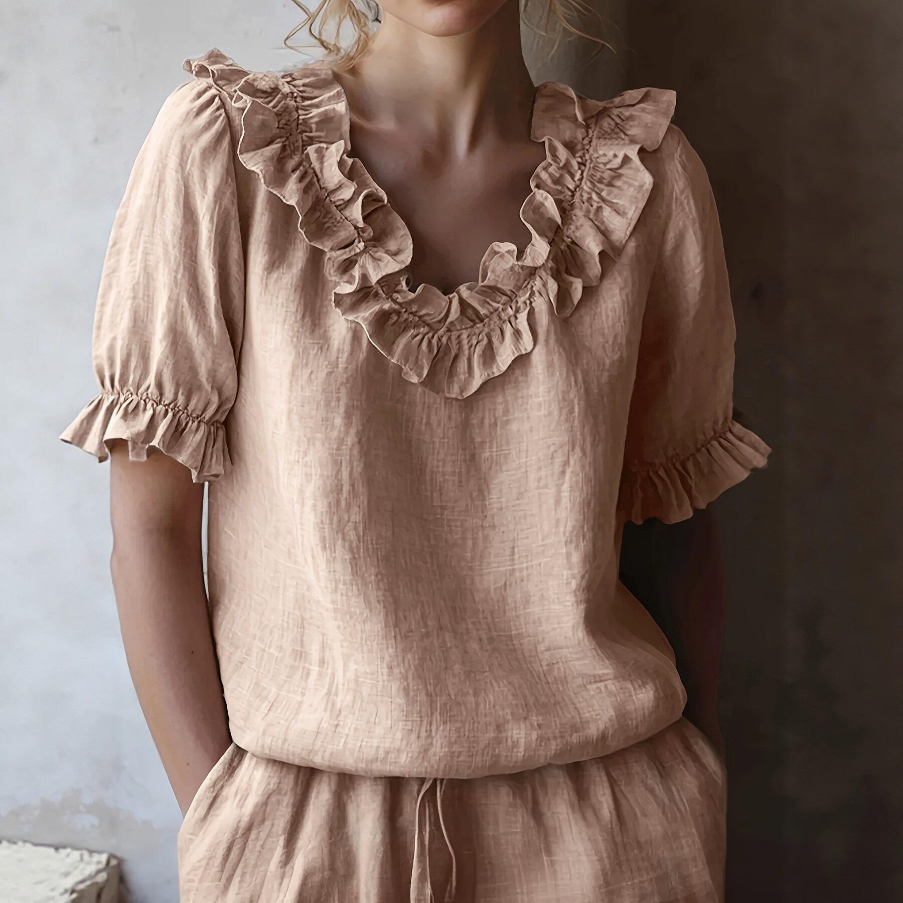 

2026 New Ruffle Collar Puff Sleeve Loose Slimming Breathable Women s T-Shirt XXL
