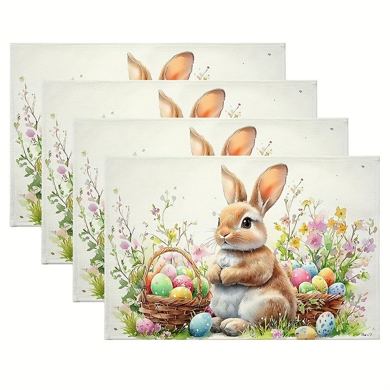 4pcs, Easter Placemats, Seasonal Table Mats, Easter Adorable Easter Bunny Flowers Baskets, Suitable for Indoor, Outdoor, Kitchen, Farmhouse, Dining Ta