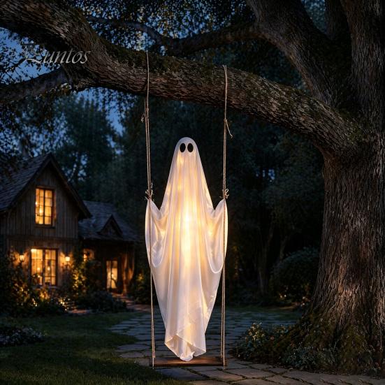 Hanging Ghost Decor Swinging Halloween Decoration, LED Light Up Large Spooky Weighted Fabric with Remote Control for Outside Garden Yard Porch