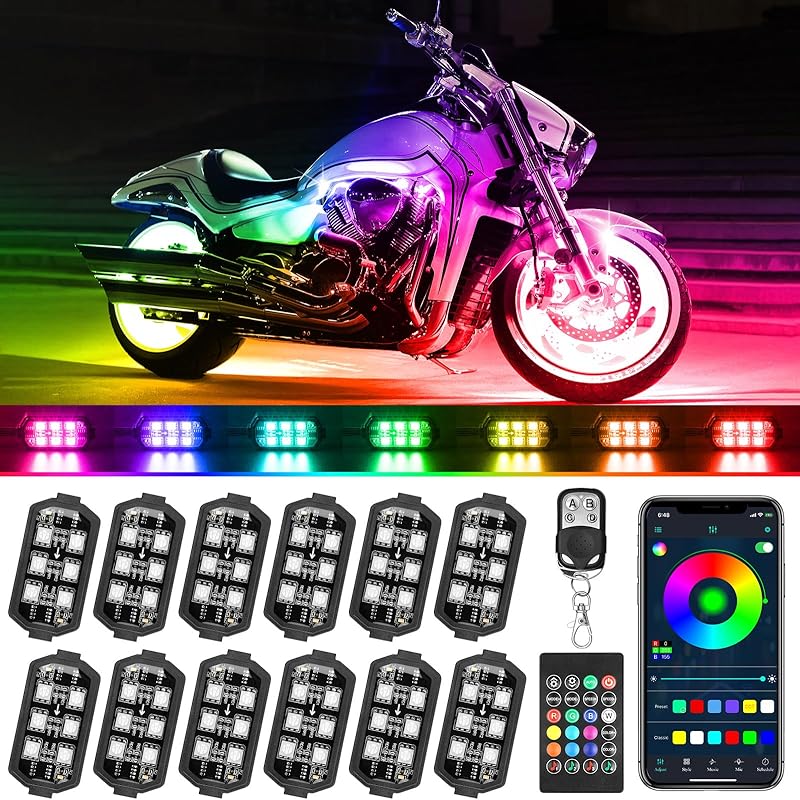 Motorcycle LED Underglow Kit, ICICAR 12 Pcs APP Control RGB 16 Million Color Dual Remote Music Mode IP68 Waterproof Led Lights, Motorcycle Lights
