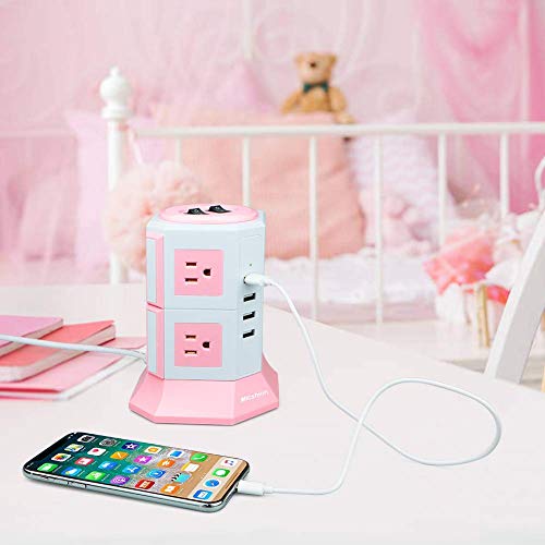 Micshion Tower-Style Power Strip with 2 Bipolar Switches, 8 AC Outlets, 4 USB Ports (4.5A/5V), 1500W, 100V-125V Input, Fast Charging, Lightning and Ov