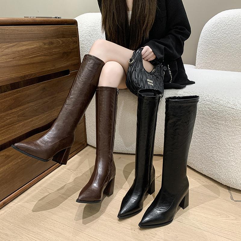 Brown high-heeled knight boots 2025 new fashion temperament pointed head thick heel but knee boots women's slim high boots