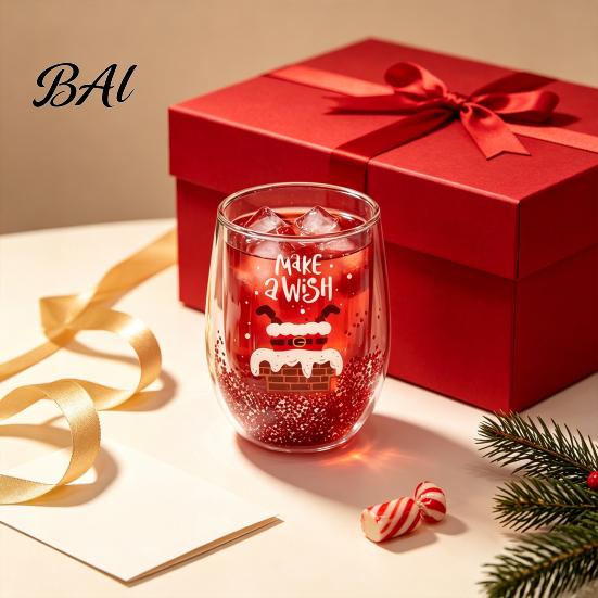 Unique Shape Hot Drink Mug Double Layer Glass Cup, with Santa Claus/Small Tree/Stack/Bag Patterns Decor, Family Gathering Tableware Quicksand Sequins