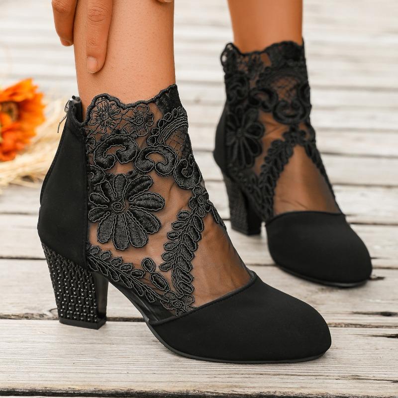 2025 Summer New Designer Shoes Women High Heels Lace Flower Ankle Strap Hollow Out Sandals Round Toe Zip Pumps Zapatos De Mujer