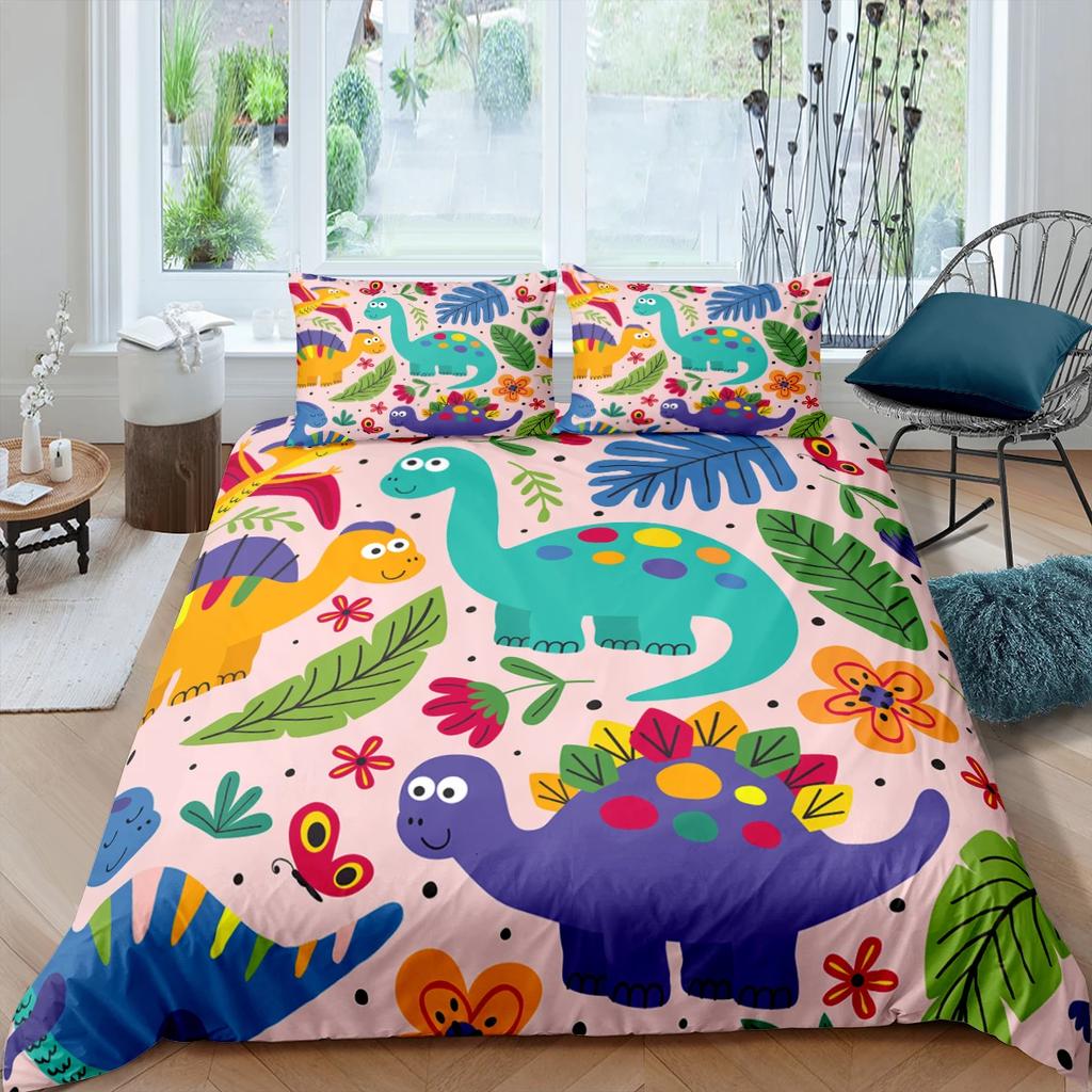 Carton Dinosaur Soft Duvet Cover King Quen Children Kids Jurasic World Stegosaurus Tyranosaurus Beding Set 2/3pcs Polyester Comfortable Quilt Cover