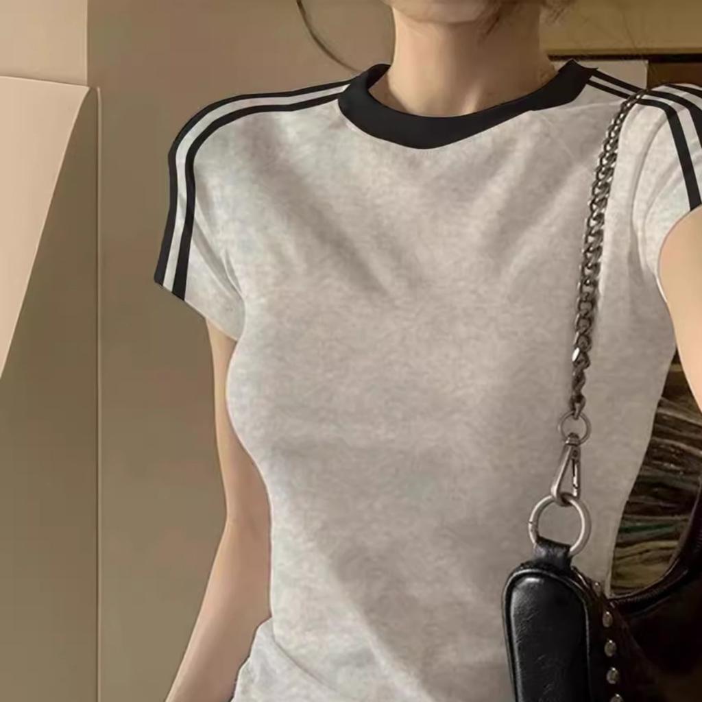 Women's Round Neck Short Sleeve Regular Fit Top Casual Colorblock Cotton T-Shirt