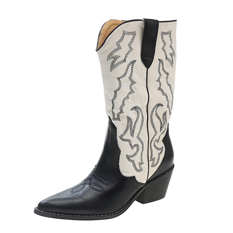 New Embroidery Women Western Cowboy Boots Slip On Thick Heels Knight Long Booties Retro Style Autumn Winter Female Shoes