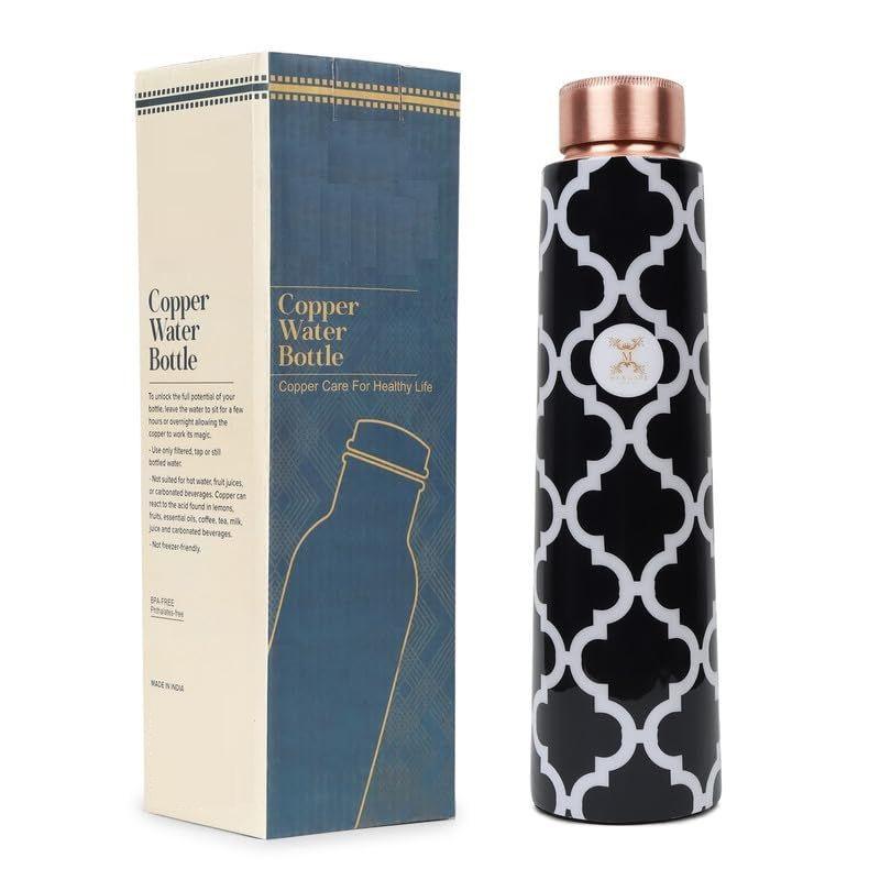 

Pure Copper Water Bottle with Ample Multi Colored Printed Design, Joint Less, Advanced Leak Proof Protection, Ayurveda, and Yoga Health Benefits